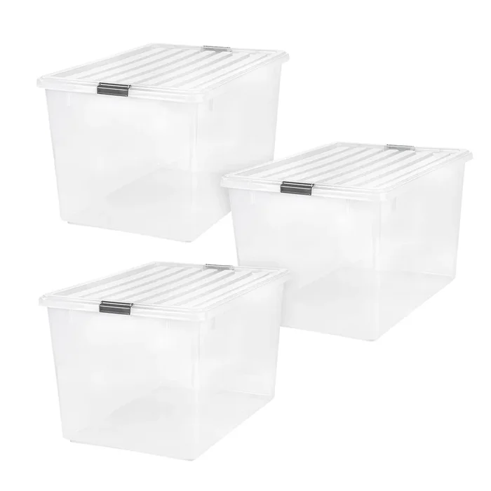 144 Quart Stackable Plastic Storage Bins with Lids and Latching Buckles, 3 Pack – Pearl, Containers with Lids, Durable Nestable Closet, Garage, Totes, Tubs Boxes Organizing