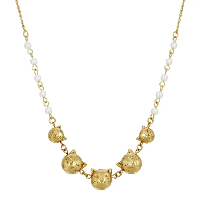 1928 Jewelry® Multi Cat Face With Pearl Chain Necklace 16In Adj.