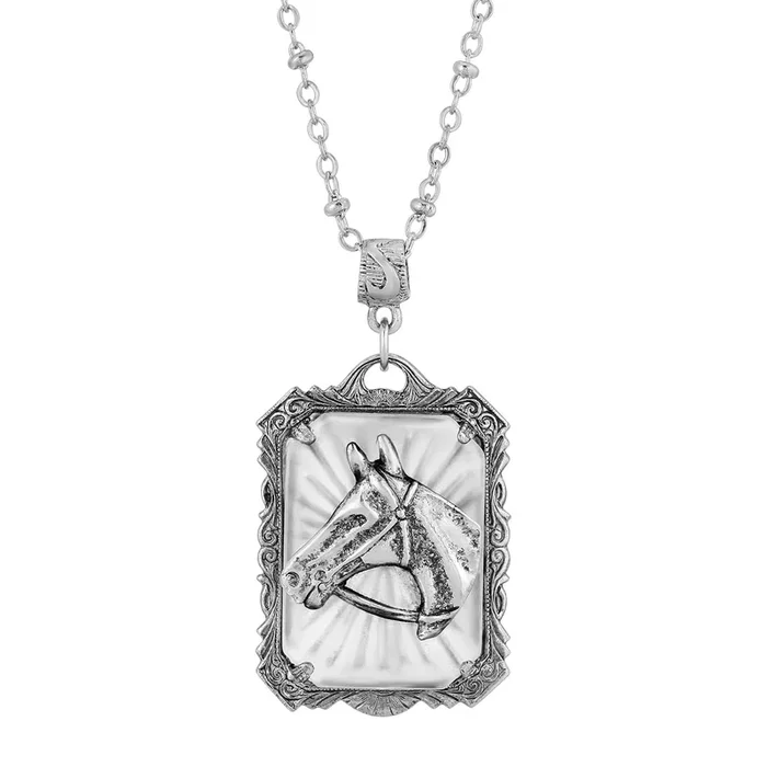 1928 Jewelry® Pewter Lalique Rectangle Horse Head Necklace 24 In.