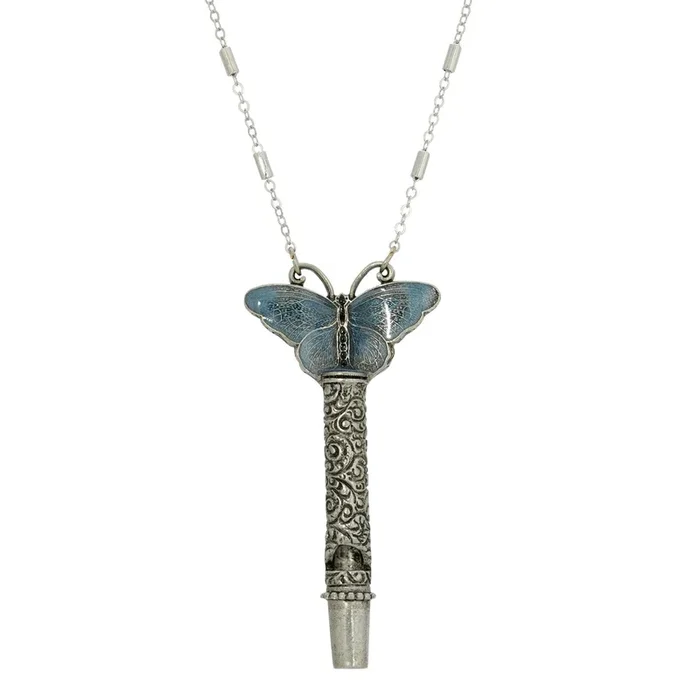 1928 Jewelry® Pewter Whistle With Blue Enamel Butterfly Necklace 30″