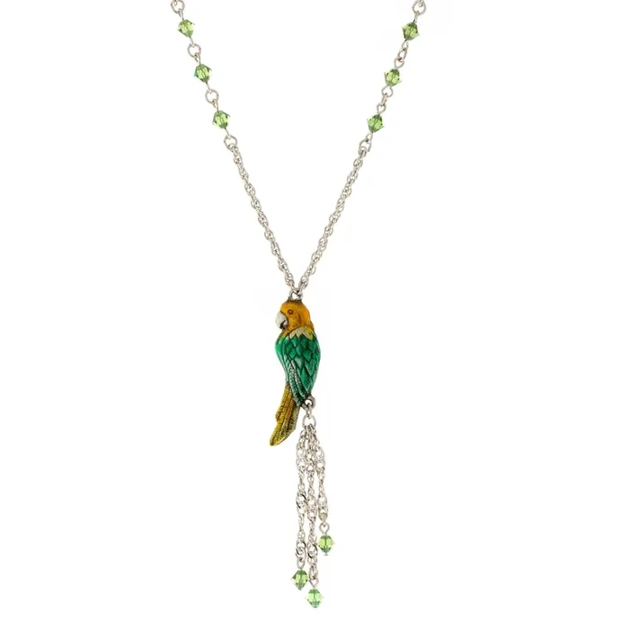 1928 Jewelry® Silver Tone Green & Yellow Enamel Parrot With Green Beads Necklace 16″Adj.