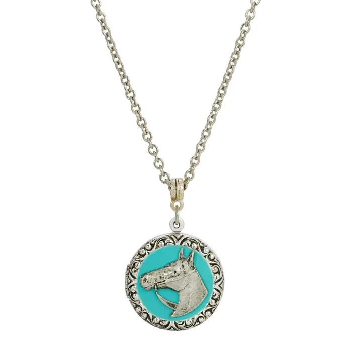 1928 Jewelry® Silver Tone Turquoise Enamel Horse Necklace 24″