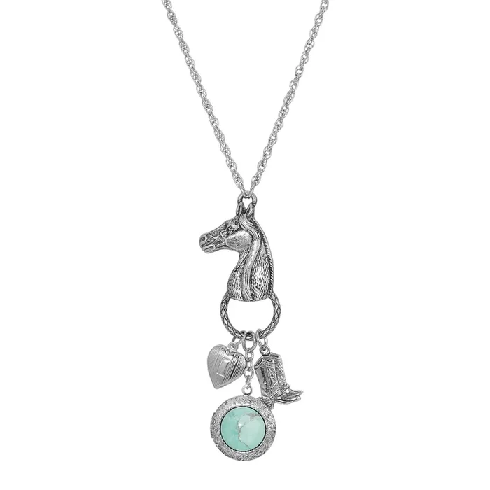 1928 Jewelry® Silver Tone Turquoise Horse Head With Heart And Boot Charm Necklace 28 Inch