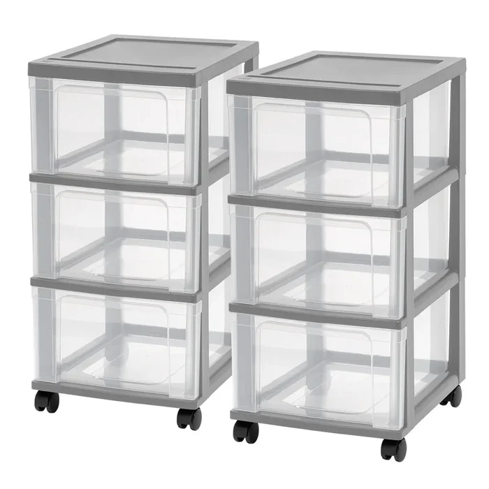 3-Drawer Narrow Plastic Storage Drawer Cart, Gray, Set of 2