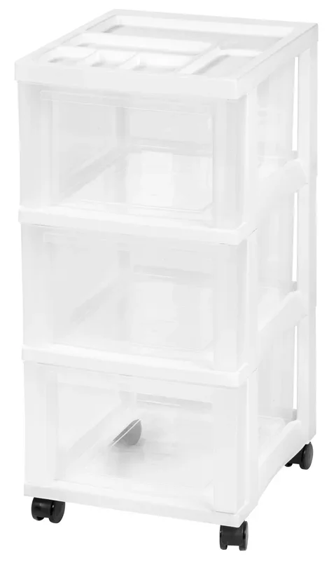 3 Drawer Plastic Storage Drawer Cart, White/Natural Clear
