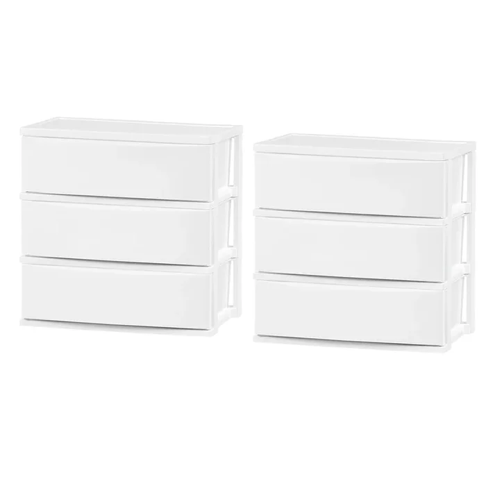 3 Wide Drawer Storage, Organizer Unit for Bedroom, Living Room, White, Set of 2