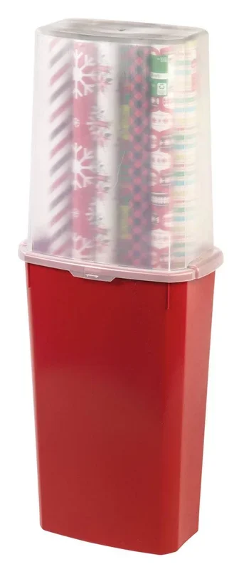 40″ Wrapping Paper Storage Container with Built-in Handles, Clear/Red