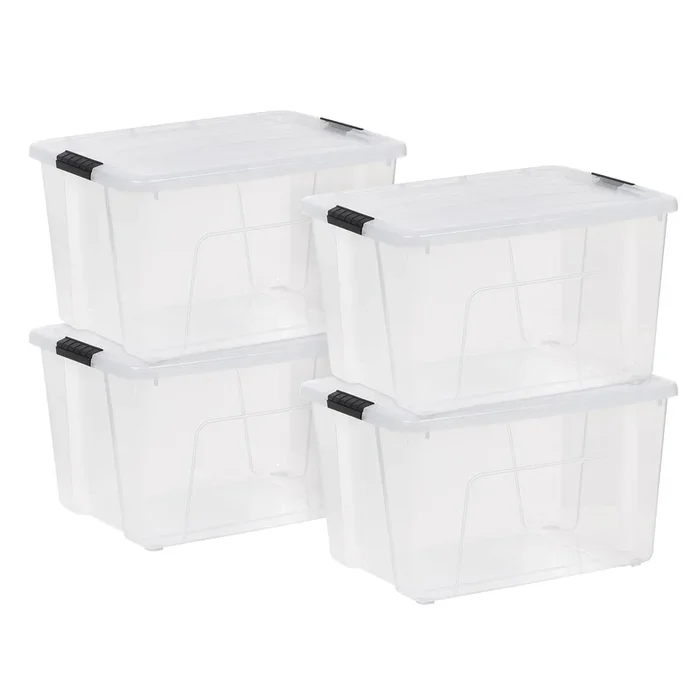 60 Qt. (15 Gal.) Clear Latch Box, Stackable Plastic Storage Bins with Lids, Set of 4