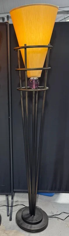 (A) Postmodern Sculptural Metal Torchiere Floor Lamp with Purple Orb Accent & Dimmer (WORKS)