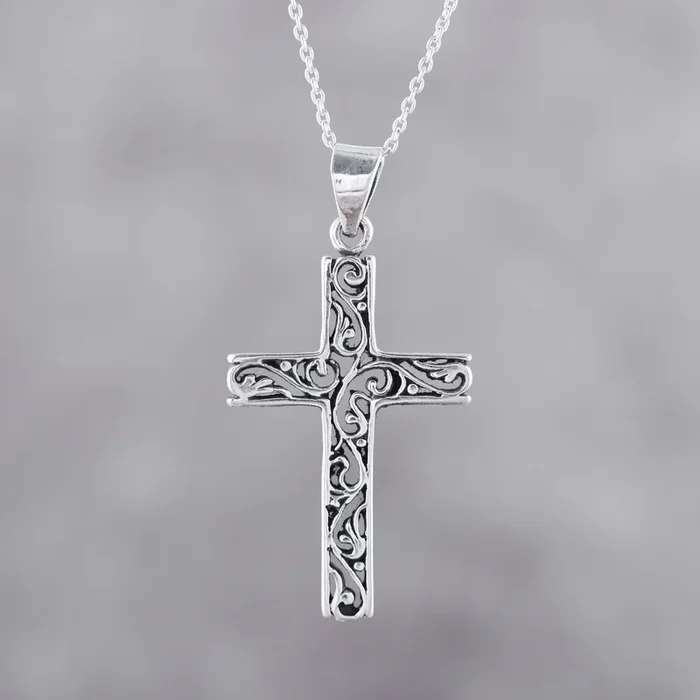 Adorned Cross Handcrafted Sterling Silver Ornate Cross Pendant Necklace