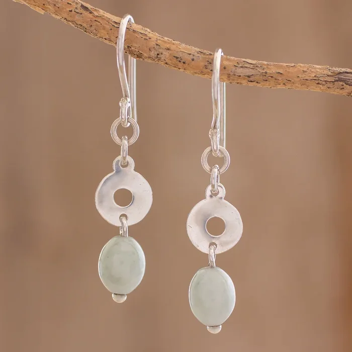 Ancestral Rings Circular Apple Green Jade Dangle Earrings from Guatemala