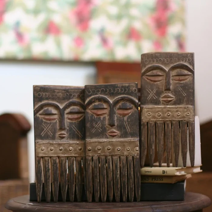Ashanti Nyansa Hand Carved Wood Comb Sculptures – Set of 3