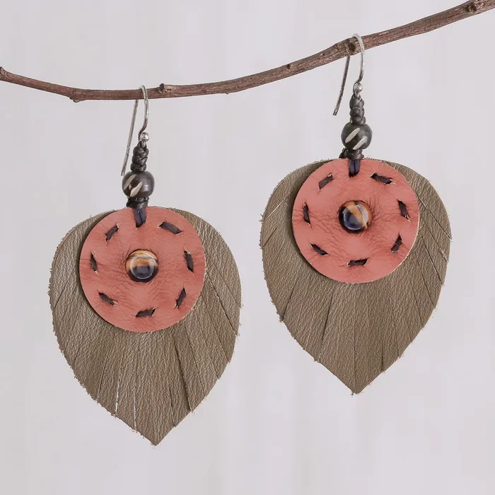 Aurora Leaves Hand Crafted Tiger’s Eye and Leather Leaf Dangle Earrings
