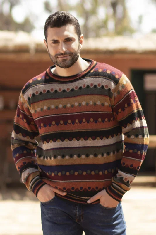 Autumnal Andes Men’s Striped 100% Alpaca Pullover Sweater from Peru