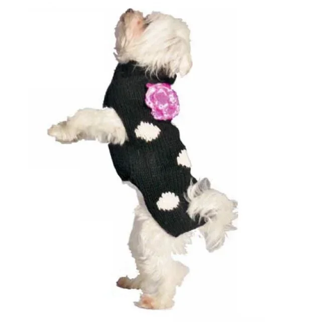 Black Flower Polka Dot Hand Knit Wool Dog Sweater by Chilly Dog’