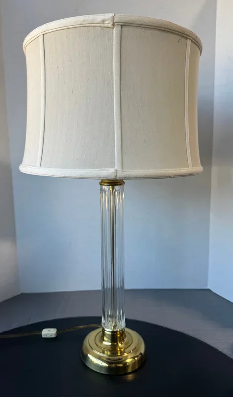 Brass & Pressed Glass Vintage Column Dual Light Table Lamp (WORKS)