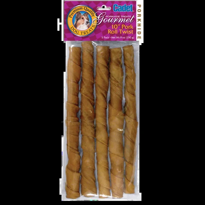 Cadet Pork Hide Twists 10-Inch 5-Pack, Dog Chew