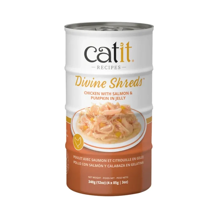 Canned Cat Treat – Divine Shreds – Chicken with Salmon & Pumpkin in Jelly – 85 g can, pack of 4