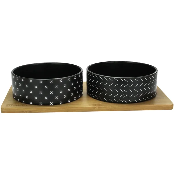 Ceramic Bowls On Bamboo Base – Black