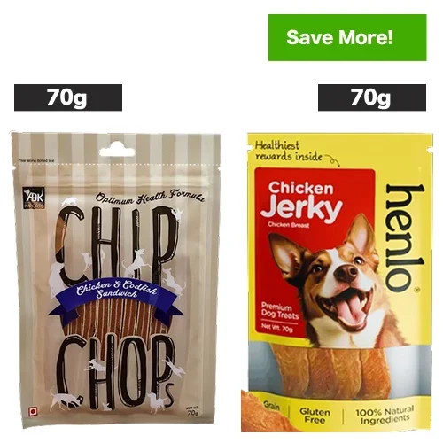 Chip Chops Chicken and Codfish Sandwich and Henlo Chicken Jerky Dog Treats Combo