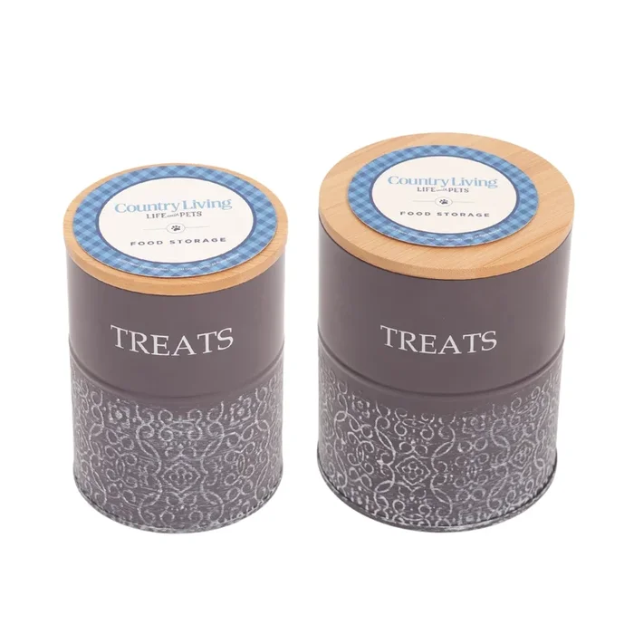 Country Living Dog Treat Canisters – Set of 2 Carbon Steel Jars with Bamboo Lids – Volcanic Gray