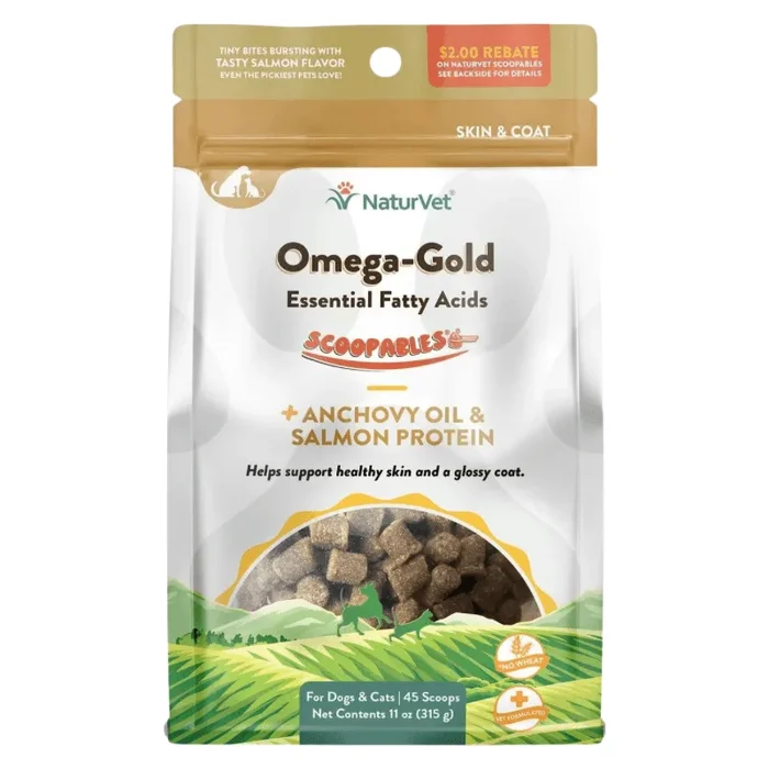 Dog & Cat Supplement – SCOOPABLES – SKIN & COAT, Omega-Gold Essential Fatty Aids + Anchovy Oil & Salmon Protein – 45 scoops