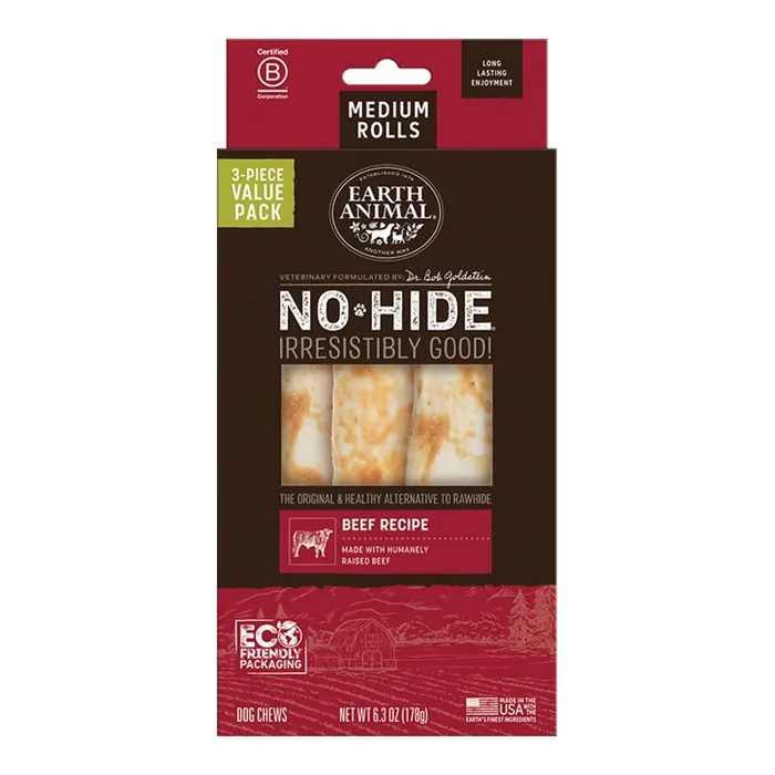 Earth Animal Beef No-Hide® Medium 7″ Roll Dog Chews Value Pack – 3pk