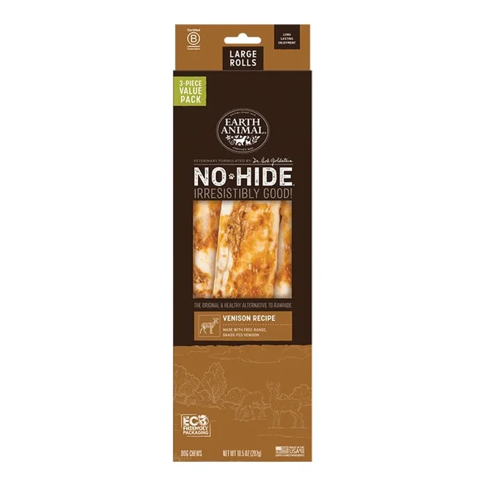 Earth Animal Venison No-Hide® Large 11″ Roll Dog Chews Value Pack – 3pk