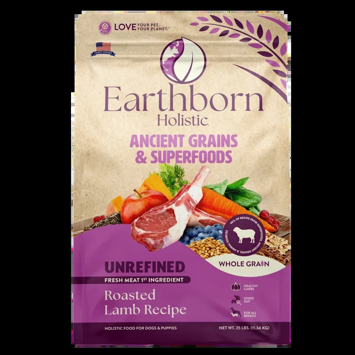 Earthborn Holistic Ancient Grains Dry Dog Food – Unrefined Roasted Lamb – 25lb Bag
