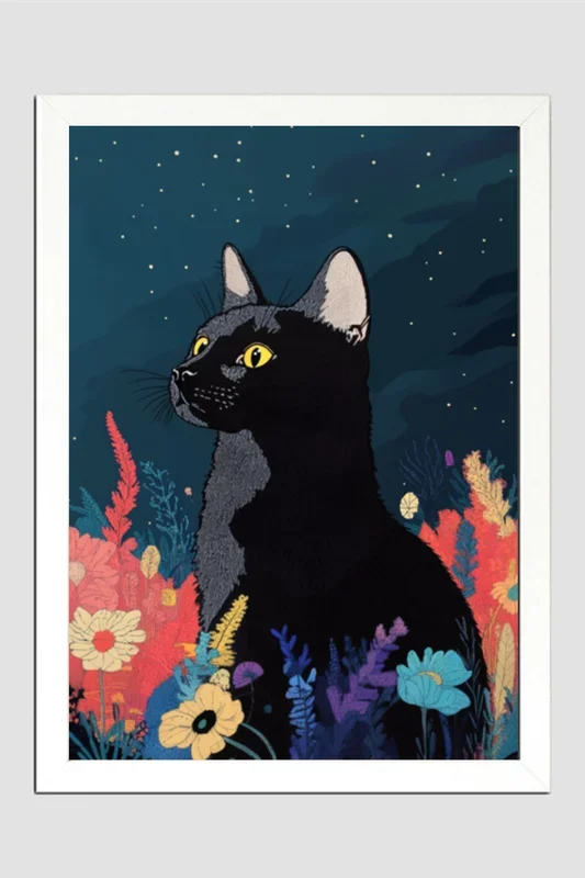 EverythingBoho The Black Cat Artistic Framed Art (White)