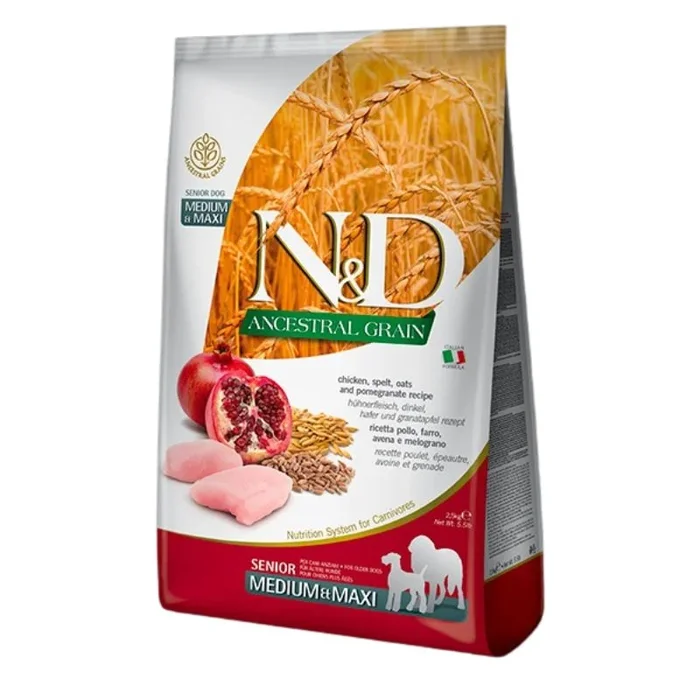 Farmina N&D Ancestral Grains Senior Dry Dog Food – Chicken & Pomegranate, Medium/Maxi Kibble – 26.5lb Bag