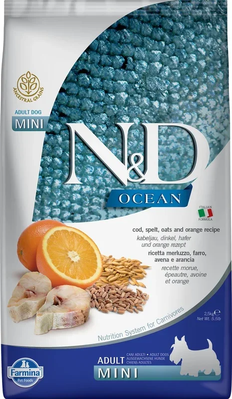 Farmina N&D Ancient Grains Ocean Cod, Spelt, Oats & Orange Adult Mini, Dry Dog Food