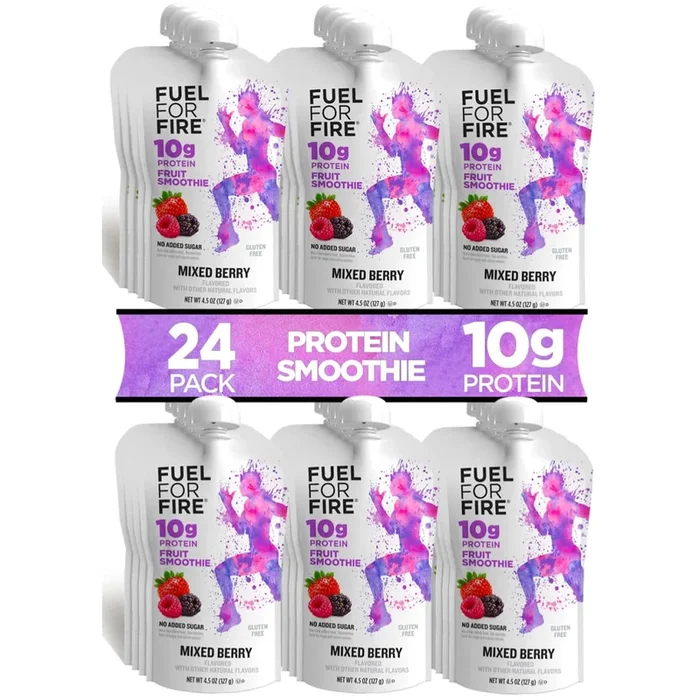 Fuel for Fire Protein Smoothie Pouch – Mixed Berry (24-Pack) | Healthy Snack & Recovery | No Sugar Added, Dietitian Approved | Functional Fruit Smoothies | Gluten Free, Kosher (4.5oz pouches)