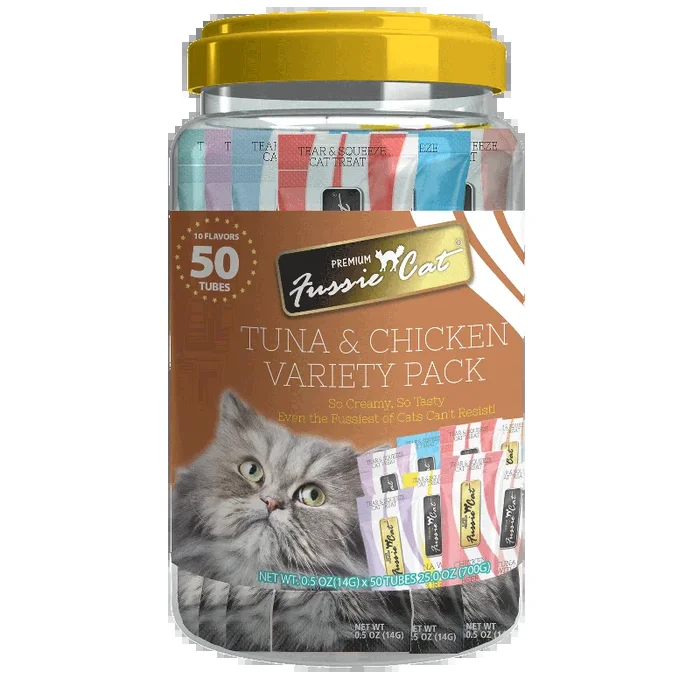 Fussie Cat Tuna & Chicken Purée 10 Flavor Variety 0.5-oz, 50-Pack, Cat Treats