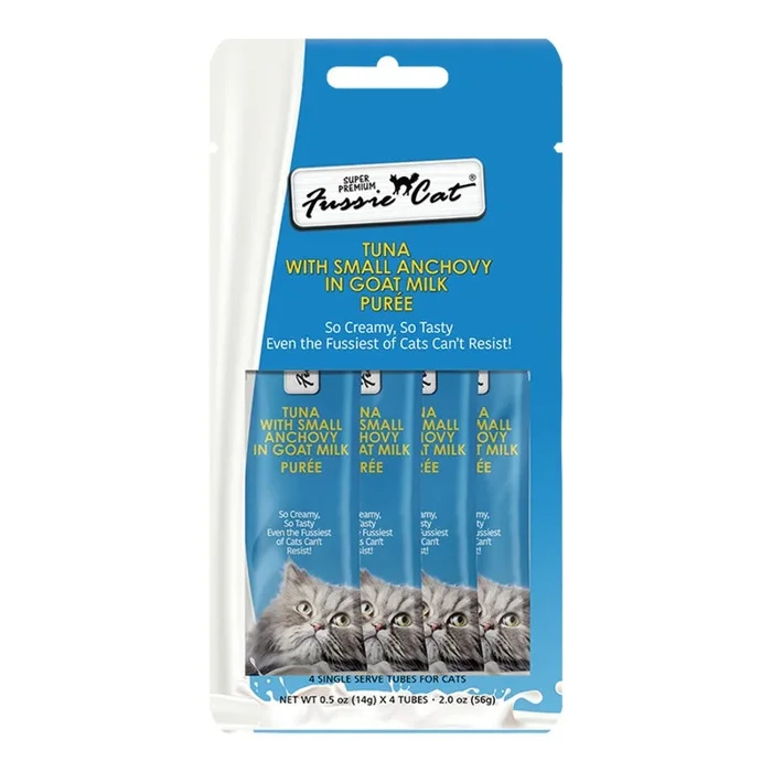 Fussie Cat Tuna with Small Anchovy in Goat Milk Puree Lickable Cat Treat 2oz – 4pk