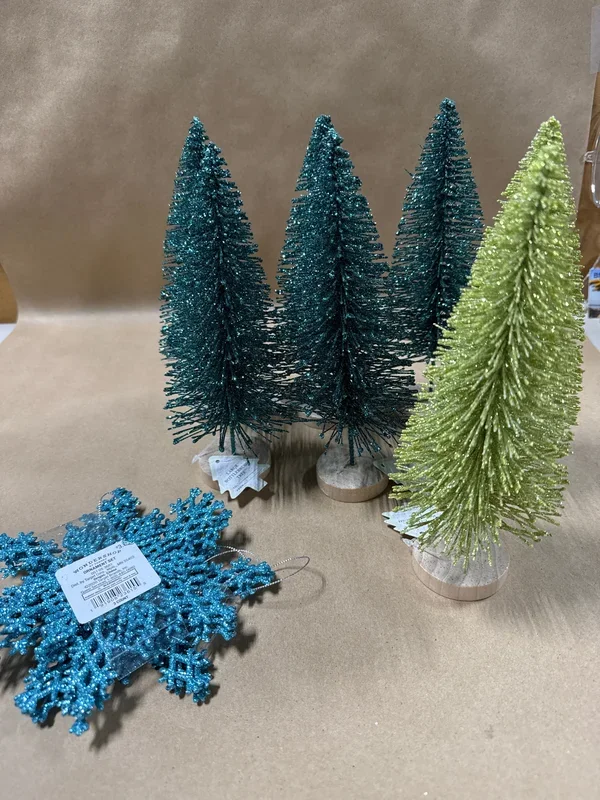 Glitter Bottlebrush Trees And Ornaments — 13 Pieces
