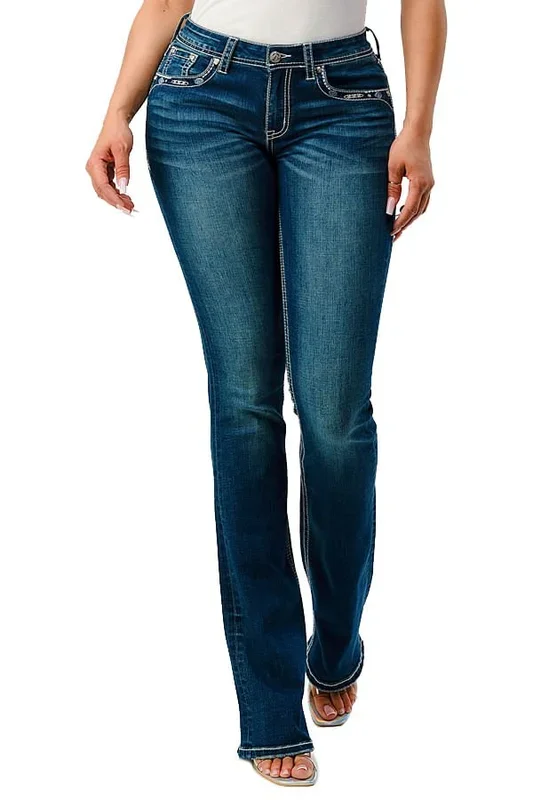 Grace in LA Women’s Western Aztec Embroidered Mid Rise Bootcut Jeans