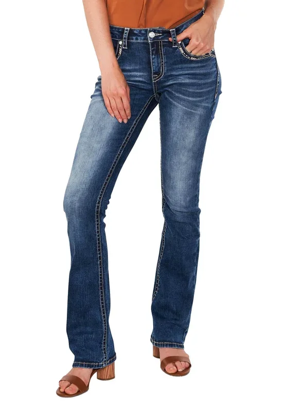 Grace in LA Women’s Western Cactus Scene Embroidered Mid Rise Bootcut Jeans