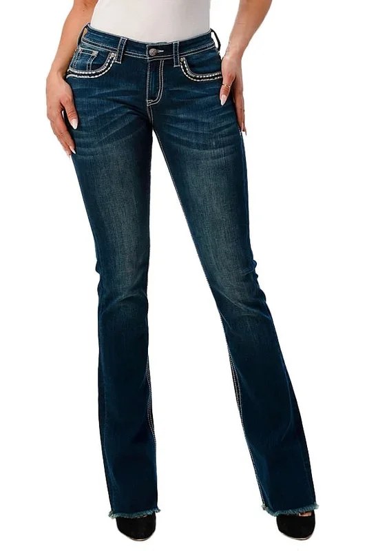 Grace in LA Women’s Western Floral Steer Head Embellished Mid Rise Bootcut Jeans