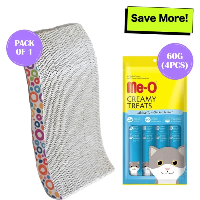 Me O Creamy Chicken & Liver Treats with Skatrs Wave Cat Scratcher & 2g Premium Catnip Combo