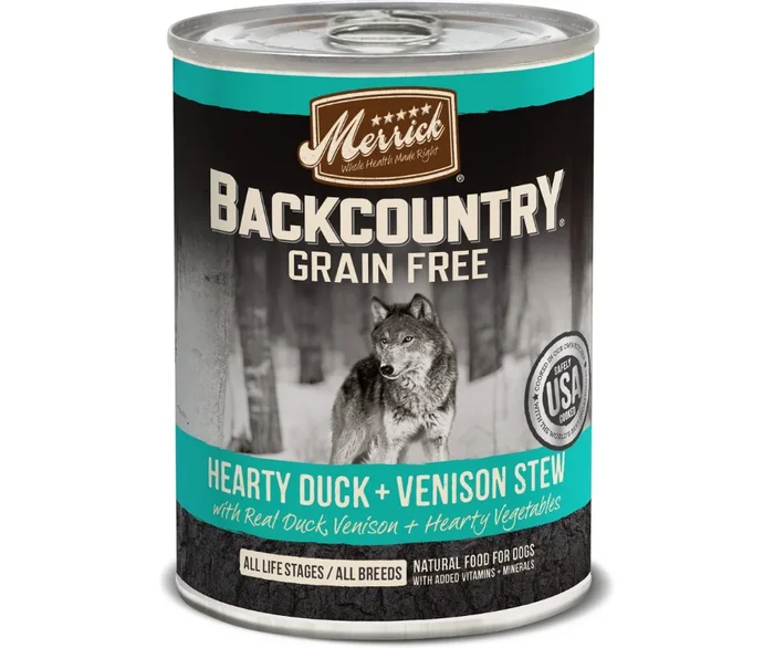 Merrick, Backcountry Grain Free – All Dog Breeds, All Life Stages Hearty Duck & Venison Stew Recipe Canned Dog Food