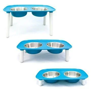 Messy Mutt Dog Blue Elevated Double Feeder Bowls 5 Cups