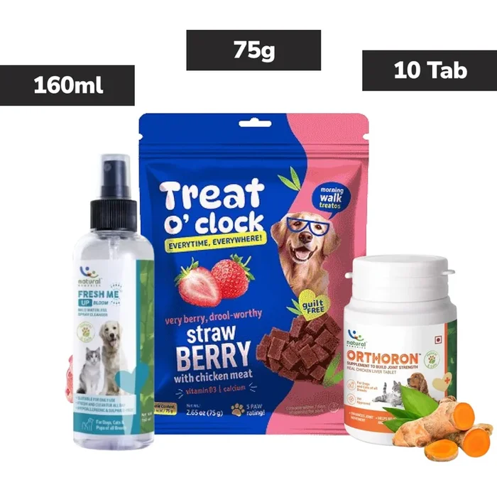Natural Remedies Treat O’Clock Strawberry, Fresh Me Up Shampoo & Orthoron Joint Support Tablets Dog Combo