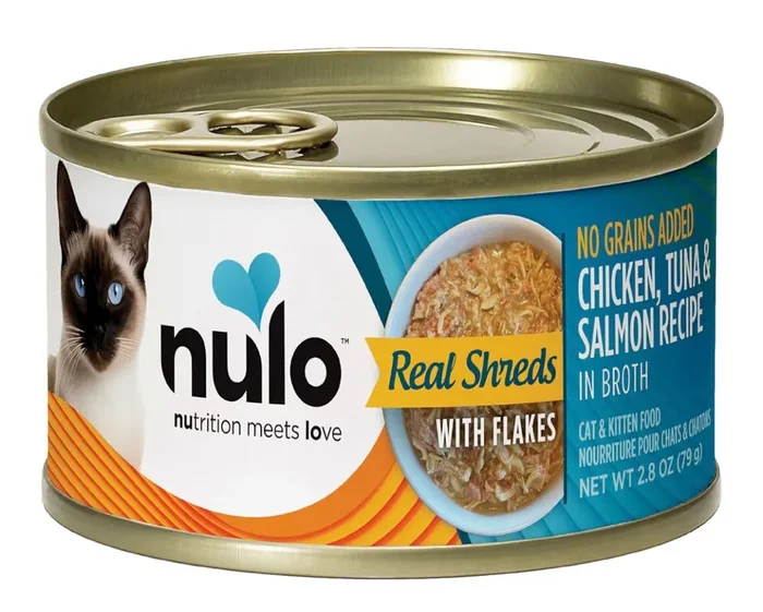 Nulo Grain-Free Real Shreds with Flakes Wet Canned Cat & Kitten Food, Chicken, Tuna, and Salmon in Broth, 2.8
