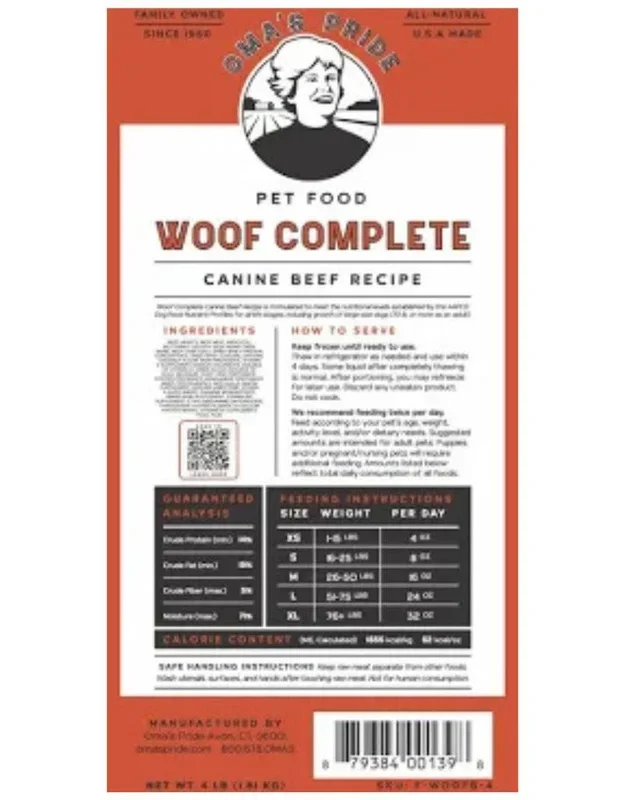OMA’S PRIDE Frozen Dog Woof Complete Grab n Go Beef 1 LB