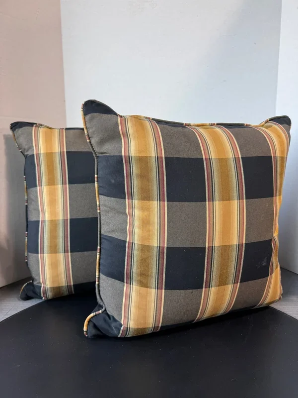 Pair of Black & Light Brown Plaid Feather Throw Pillows