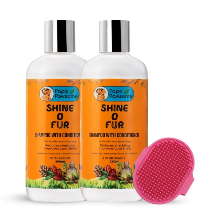 Papa Pawsome Shine O’ Fur Shampoo with Conditioner and Palm Brush for Dogs