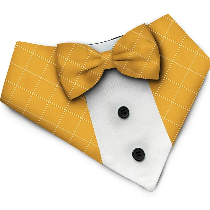 PawsIndia Mustard Checks Pattern Tuxedo Bandana with Matching Bow for Dogs and Cats