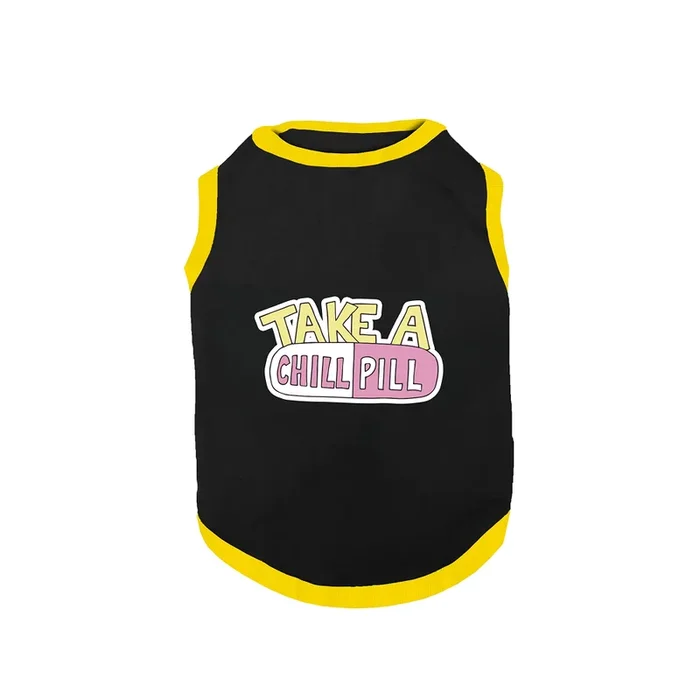 PawsIndia Take A Chill Pill Printed with Ribbed Sleeves TShirt for Cats (Black)