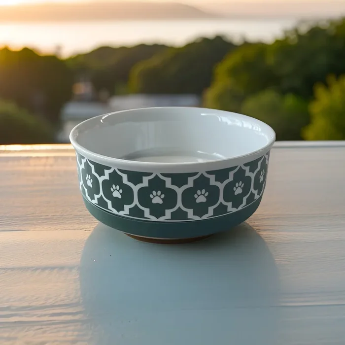 pet bowl green and white paw prints 6×6 microwave safe